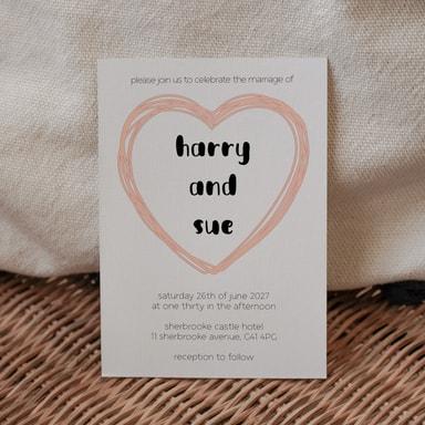 Doodle Heart Dusty Pink Wedding Invitation on White Card