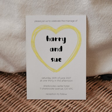 Doodle Heart Lemon Wedding Invitation on White Card