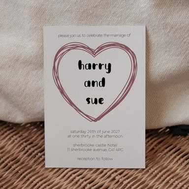 Doodle Heart Mauve Wedding Invitation on White Card