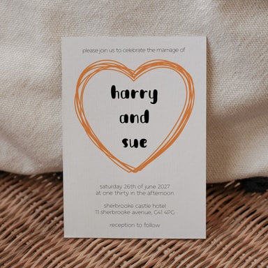 Doodle Heart Orange Wedding Invitation on White Card