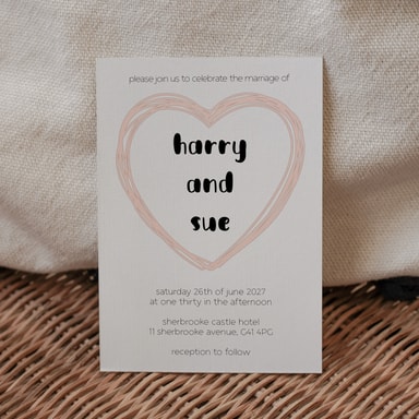 Doodle Heart Pale Pink Wedding Invitation on White Card