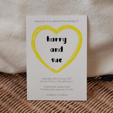 Doodle Heart Yellow Wedding Invitation on White Card