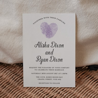 Fingerprint Heart Amethyst Wedding Invitation on White Card