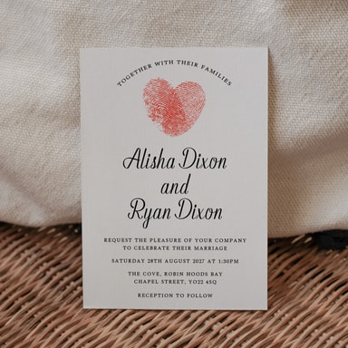 Fingerprint Heart Apple Red Wedding Invitation on White Card