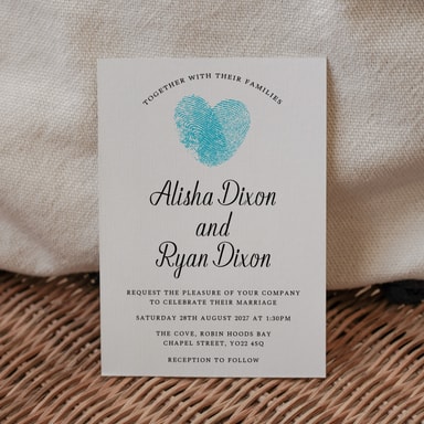 Fingerprint Heart Aqua Blue Wedding Invitation on White Card