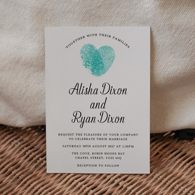 Fingerprint Heart Aquamarine Wedding Invitation on White Card