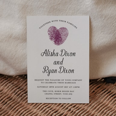 Fingerprint Heart Aubergine Wedding Invitation on White Card