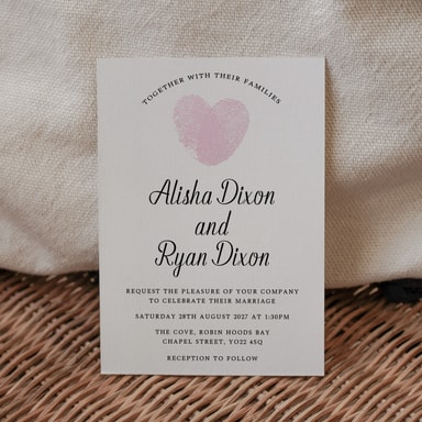 Fingerprint Heart Baby Pink Wedding Invitation on White Card