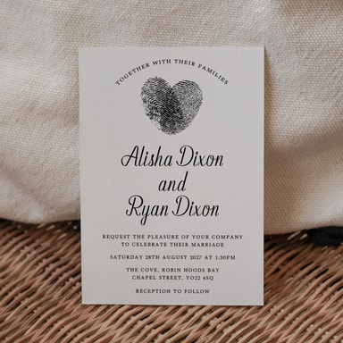 Fingerprint Heart Black Wedding Invitation on White Card