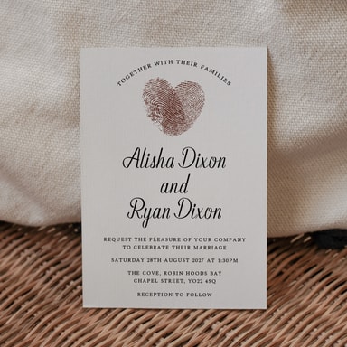 Fingerprint Heart Brown Wedding Invitation on White Card