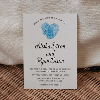 Fingerprint Heart Cobalt Blue Wedding Invitation on White Card