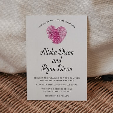 Fingerprint Heart Cranberry Wedding Invitation on White Card