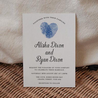 Fingerprint Heart Royal Blue Wedding Invitation on White Card