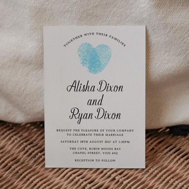 Fingerprint Heart Sky Blue Wedding Invitation on White Card