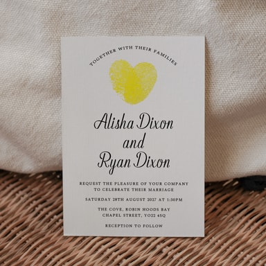 Fingerprint Heart Yellow Wedding Invitation on White Card