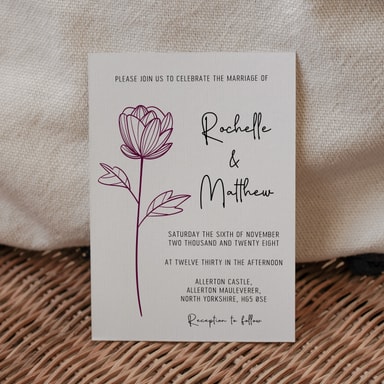 Floral Elegance Aubergine Wedding Invitation on White Card