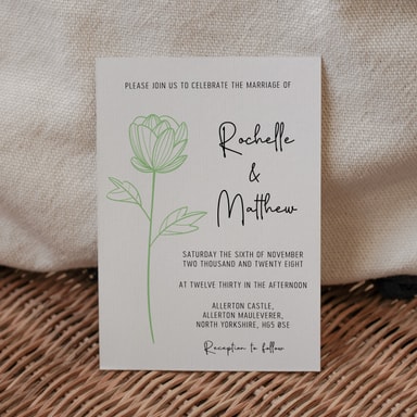 Floral Elegance Spring Green Wedding Invitation on White Card