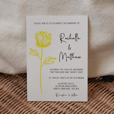 Floral Elegance Yellow Wedding Invitation on White Card