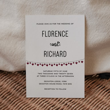 Hanging Hearts Burgundy Wedding Invitation on White Card