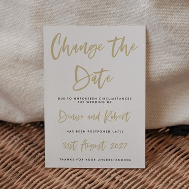 Luscious Calligraphy Gold Change The Date Card on White Card