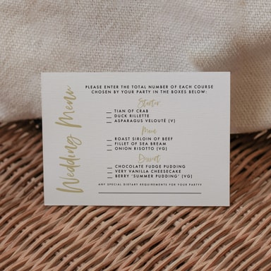 Luscious Calligraphy Gold Menu Card with Choices on White Card