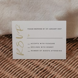 Luscious Calligraphy Gold Rsvp Card with Response on White Card