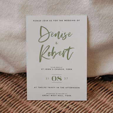 Luscious Calligraphy Sage Green Wedding Invitation on White Card