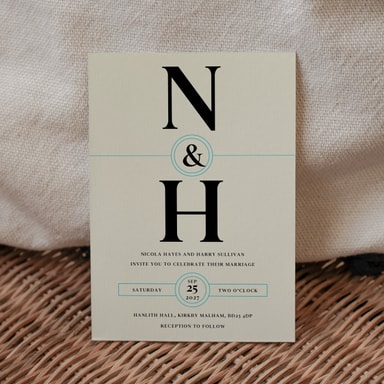 Modern Bold Aqua Blue Wedding Invitation on Cream Card