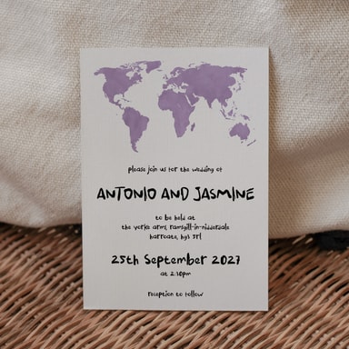 Modern Globetrotter Map Amethyst Wedding Invitation on White Card