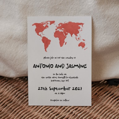 Modern Globetrotter Map Apple Red Wedding Invitation on White Card