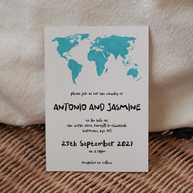 Modern Globetrotter Map Aqua Blue Wedding Invitation on White Card