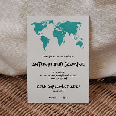 Modern Globetrotter Map Aquamarine Wedding Invitation on White Card