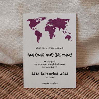 Modern Globetrotter Map Aubergine Wedding Invitation on White Card