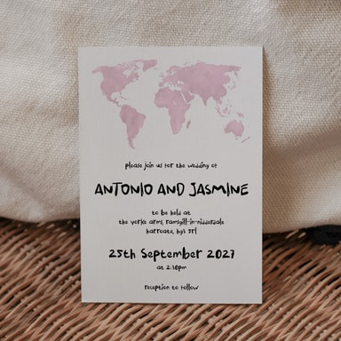 Modern Globetrotter Map Baby Pink Wedding Invitation on White Card