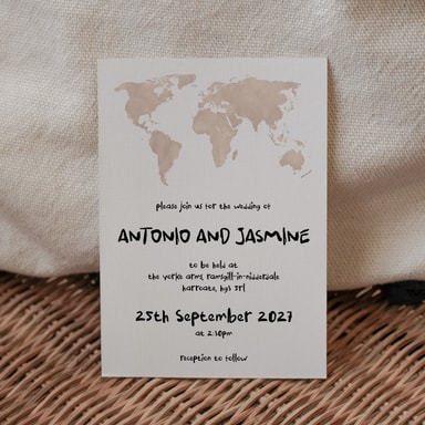 Modern Globetrotter Map Beige Wedding Invitation on White Card