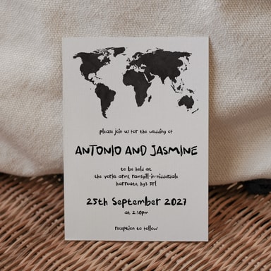 Modern Globetrotter Map Black Wedding Invitation on White Card