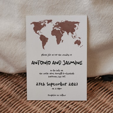 Modern Globetrotter Map Brown Wedding Invitation on White Card