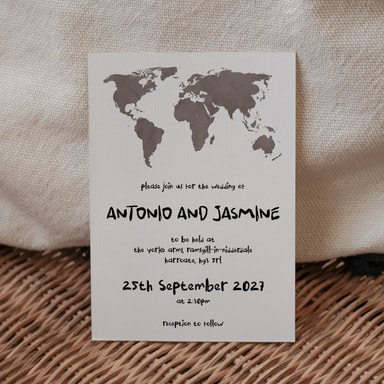 Modern Globetrotter Map Charcoal Wedding Invitation on White Card