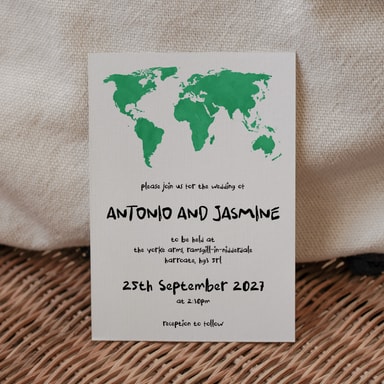 Modern Globetrotter Map Clover Green Wedding Invitation on White Card