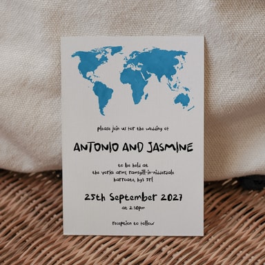 Modern Globetrotter Map Cobalt Blue Wedding Invitation on White Card