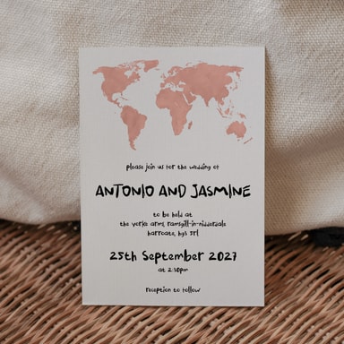 Modern Globetrotter Map Coral Pink Wedding Invitation on White Card