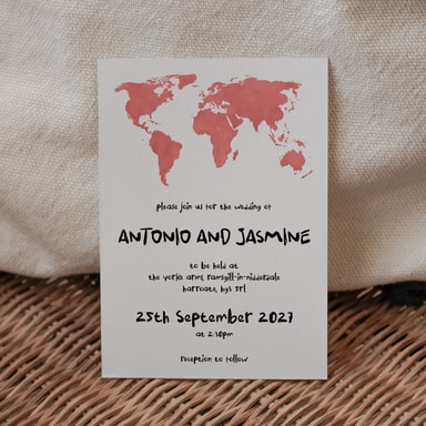 Modern Globetrotter Map Coral Wedding Invitation on White Card