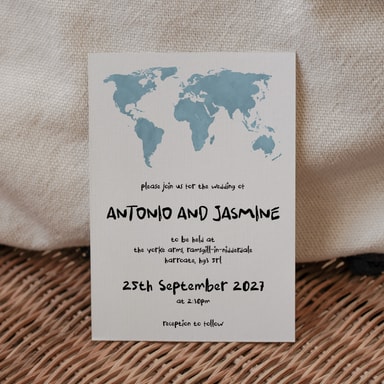 Modern Globetrotter Map Duck Egg Blue Wedding Invitation on White Card