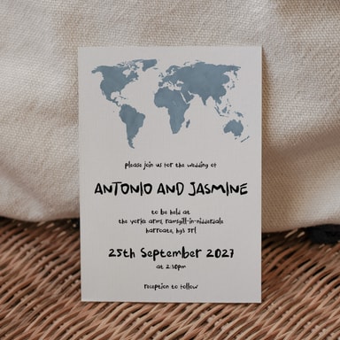 Modern Globetrotter Map Dusty Blue Wedding Invitation on White Card