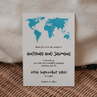 Modern Globetrotter Map Electric Blue Wedding Invitation on White Card