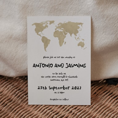 Modern Globetrotter Map Gold Wedding Invitation on White Card