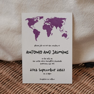 Modern Globetrotter Map Grape Wedding Invitation on White Card