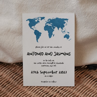 Modern Globetrotter Map Marine Blue Wedding Invitation on White Card