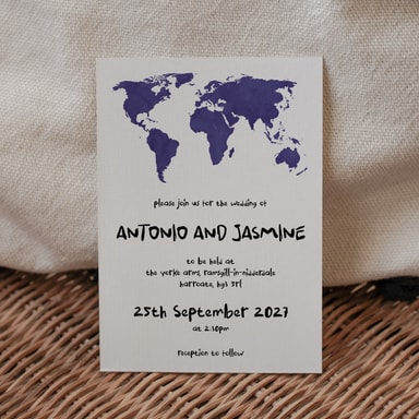 Modern Globetrotter Map Navy Blue Wedding Invitation on White Card