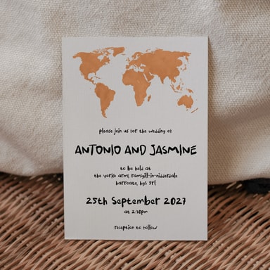 Modern Globetrotter Map Orange Wedding Invitation on White Card